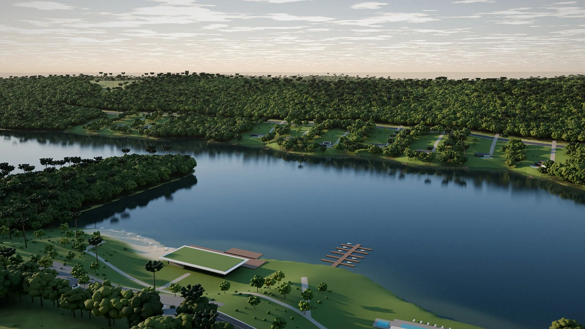 Imagem conceitual: lakehouse, praia e docas à beira do lago