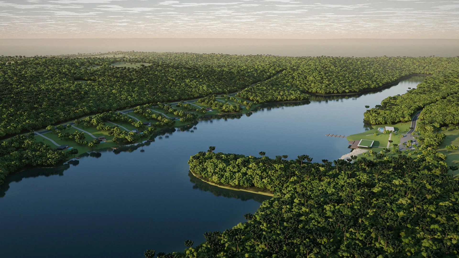 Imagem conceitual: lago, mata e propriedades privativas