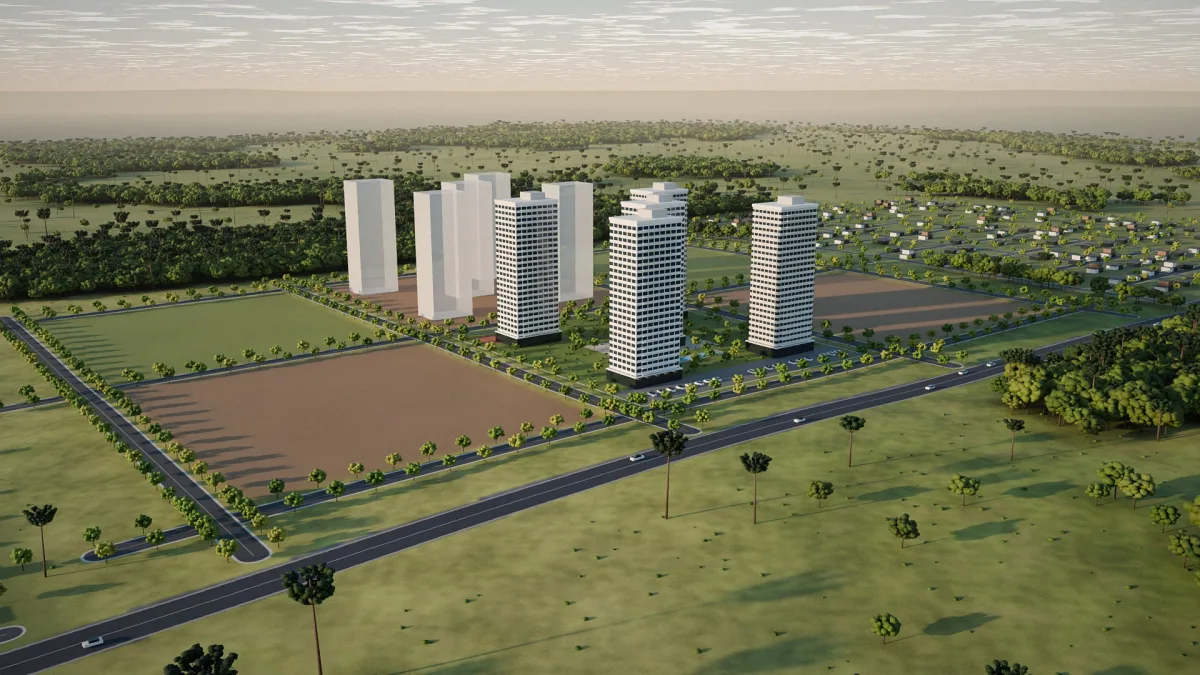 Imagem simulada do Bem Morar: unidade de terreno com cinco torres residenciais e, ao lado, volumes brancos indicando a capacidade de outra unidade