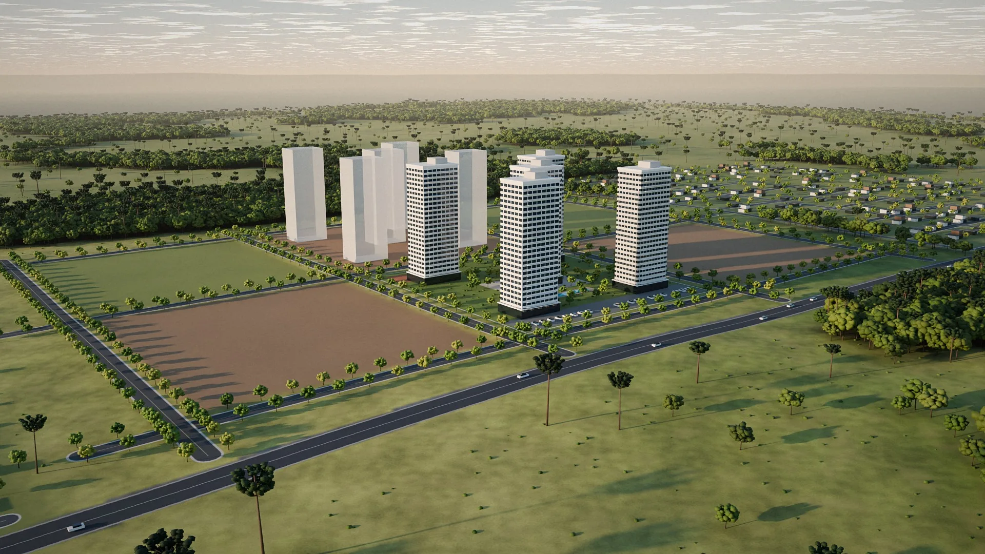 Imagem simulada: unidades de terreno e torres residenciais