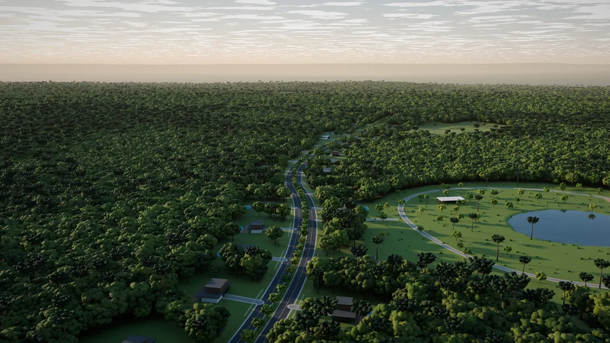Imagem conceitual do Eco Ville Parque: via central arborizada atravessando a mata, lotes em clareiras e área de parque com lago