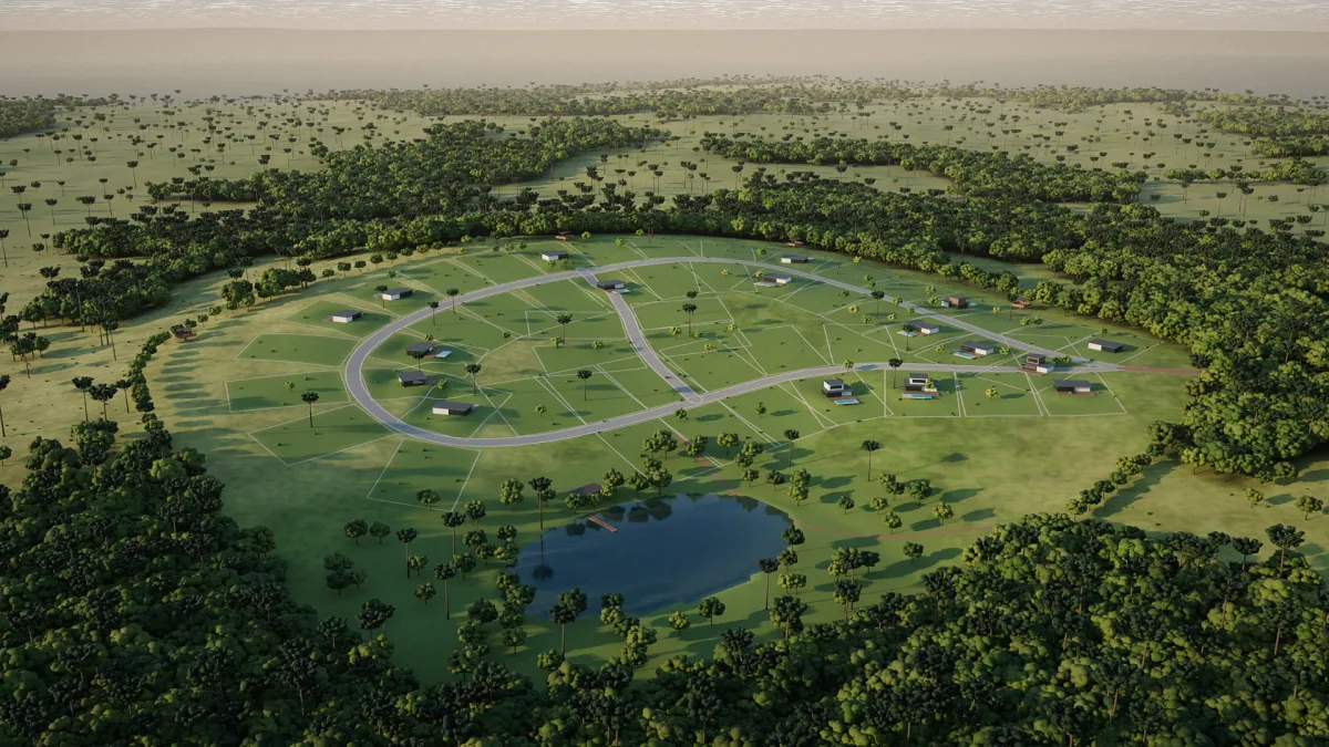 Imagem conceitual do Sítio Sonho Meu: chácaras ao longo de vias internas, sítio reserva com lago e paisagem com araucárias